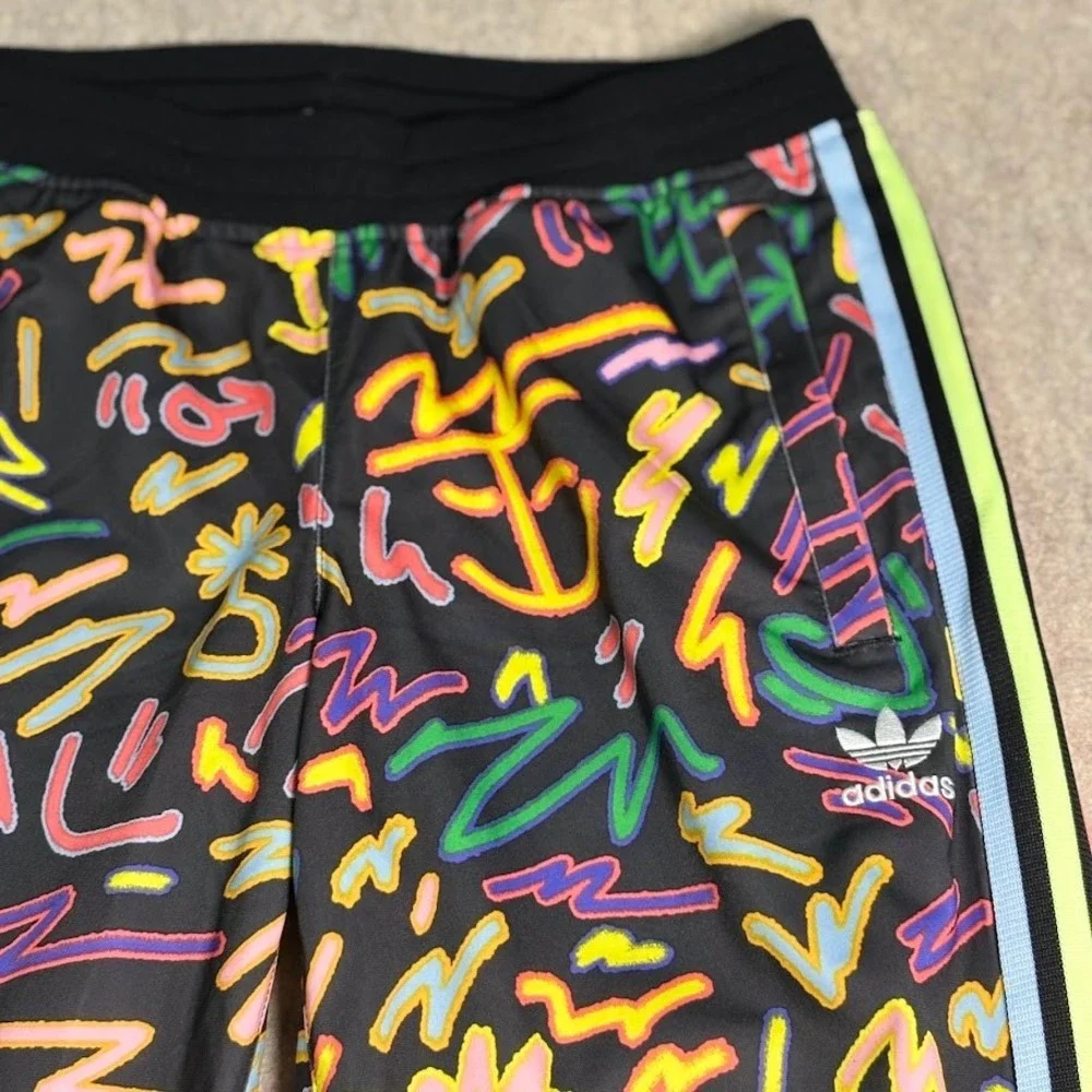 Adidas Track Pants Womens S Black Neon Graffiti Print Joggers Festival Y2K Logo - Picture 4 of 8